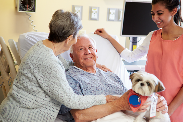 elderly couple smiling at each other while in a hospital room